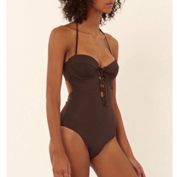 NEW Mara Hoffman Lattice Underwire One Piece Swimsuit Brown Size XL - Picture 13 of 14